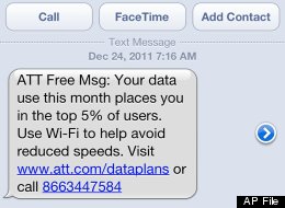This undated screen grab provided by Mike Trang shows a warning message on the screen of his iPhone that he received from AT&T advising he was in danger of having his data speeds throttled. A judge in Southern California on Friday, Feb. 24, 2012 awarded $850 to iPhone user Matt Spaccarelli because AT&T Inc. reduced his download speeds in an attempt to manage usage on its network. (AP Photo/courtesy of Mike Trang)