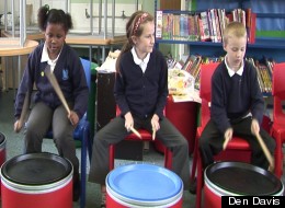 Children at Ride Hill Primary in a Drumskool workshop
