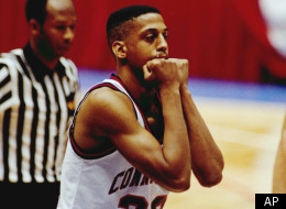 Connecticut's Tate George, who had the game winning shot against Clemson Thursday, reacts during overtime action against Duke in the NCAA East Regional Final at East Rutherford, N.J. Saturday, March 24, 1990. Duke won the game 79-78. (AP Photo)