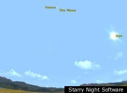 This sky map shows how to spot Venus in daylight on Monday, March 26, 2012. WARNING: Never look directly at the sun with your unaided eye or through binoculars or telescopes without special light filters. Severe eye damage can result.