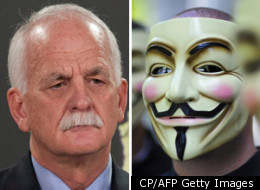 A series of videos by the activist group Anonymous targeted Vic Toews in the days following his introduction of an online surveillance bill, demanding his resignation and the withdrawal of the bill or they would expose information about him. (CP/AFP Getty Images)