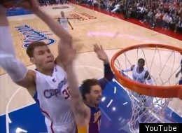 Blake Griffin slams in a putback dunk over Pau Gasol.
