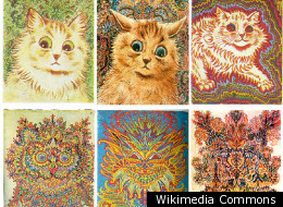 Increasingly abstract paintings of cats by Louis Wain (1860-1939), who is believed to have suffered from schizophrenia