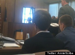 This photo, taken by Topeka Capital-Journal reporter Ann Marie Bush and posted on her Twitter account @AnnieScribe, is from the trial of Austin Tabor and matches the description of the photo that resulted in a mistrial.