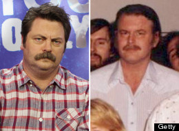 Nick Offerman as Ron Swanson (R) and John Swartzwelder.