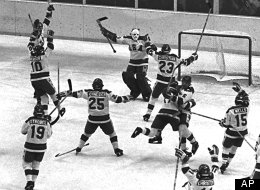 The 1980 U.S. Olympic hockey team members celebrate after their upset victory over the heavily favored Soviet team by 4-3 score in the Winter Olympics in Lake Placid, N.Y., on Feb. 22, 1980. (AP Photo)