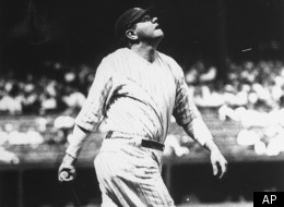 Babe Ruth is shown lofting another home run into the right field upper deck at Yankee Stadium on the way to his 60-homer year of 1927.