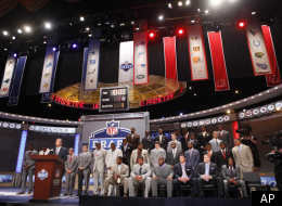 NFL commissioner Roger Goodell speaks as former players and NFL draft prospects look on before the first round of the NFL football draft on Thursday, April 28, 2011, in New York.