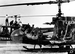 The two West German border police helicopters that carried armed terrorists and their Israeli Olympian hostages, stand at Fuerstenfeldbruck air force base twenty miles west of Munich, Germany, on Sept. 7, 1972.