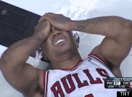 Bulls vs. 76ers: Derrick Rose (1) reacts after an injury, April 28, 2012.