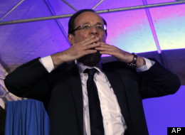 President-elect Francois Hollande blows a kiss to the crowd after his election in Tulle, central France, Sunday, May 6, 2012. Francois Hollande defeated Nicolas Sarkozy on Sunday to become France's next president, Sarkozy conceded defeat minutes after the polls closed. (AP Photo/Christophe Ena)