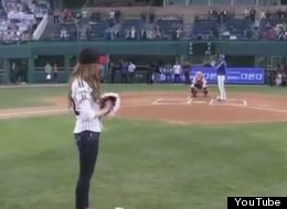 Jessica Jung of Girls' Generation throws out the first pitch at a Korean LG Twins baseball game. (YouTube)