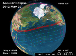 This NASA graphic depicts the path of best viewing for the annular solar eclipse of May 20, 2012.