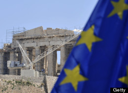 An EU flag is flies in front of the ancient Acropolis in Athens on May 9, 2012. (LOUISA GOULIAMAKI/AFP/GettyImages)