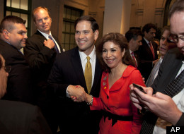 Sen. Marco Rubio (R-Fla.) is greeted at the Latino Coalition annual economic summit Wednesday at the U.S. Chamber of Commerce in Washington.