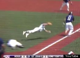 St. John's pitcher Joe Robie makes a diving, bare-handed catch to retire Ross batter Tyler Wolf.