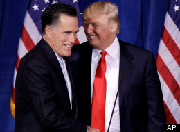 Republican presidential candidate Mitt Romney shakes hands with Donald Trump at a press conference where Trump endorsed Romney, on Feb. 2 in Las Vegas.