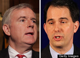 In Wisconsin's recall race, Tom Barrett (left) trails Scott Walker according to the latest poll.