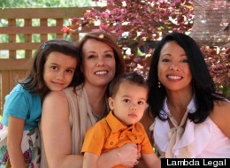 Theresa Volpe and Mercedes Santos, a lesbian couple in Illinois, with their two children. Volpe and Santos are plaintiffs in a lawsuit filed on Wednesday by Lambda Legal.