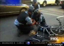 Chicago police arrest a protester in downtown Chicago Wednesday.