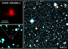 Color composite image of the Subaru XMM-Newton Deep Survey Field. The red galaxy at the center of the image is the most distant galaxy, SXDF-NB1006-2.