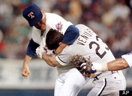 Texas Rangers pitcher Nolan Ryan hits Robin Ventura of the Chicago White Sox after Ventura charged the mound, Aug. 4, 1993 in Arlington, Texas. (AP Photo/Linda Kaye)