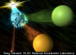 This illustration shows a an electron and positron colliding, resulting in a B meson (not shown) and an antimatter B-bar meson, which then decays into a D meson and a tau lepton as well as a smaller antineutrino.