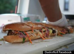 A pork belly bánh mì sandwich from Duck N Roll, a popular Chicago food truck and caterer.