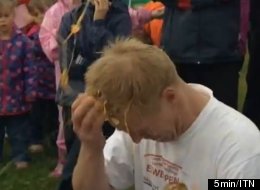 In Egg Russian Roulette, each competitor picks an egg out of a box of six. Five have been hard boiled, but one is left raw. The eggs are then smashed against the competitors faces, meaning the unlucky challenger is left, literally, with egg on their face.