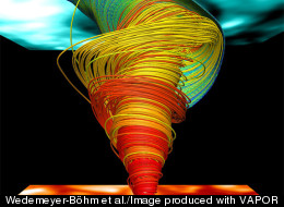 Visualization of a close-up region in 3D numerical simulations of a magnetic tornado in the solar atmosphere. The spiral lines represent the velocity field in the tornado vortex. The images contain the observed swirl signature (top, bluish) and the Sun's surface (bottom, reddish).