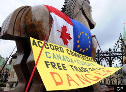 Civil Society Critics of CETA, the Canada-EU free trade deal, deliver a Trojan horse to Parliament Hill in Ottawa on Monday, October 17, 2011. (THE CANADIAN PRESS/Sean Kilpatrick)