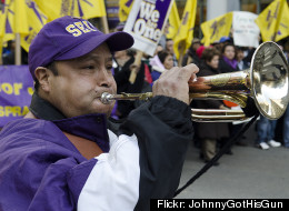 SEIU Local 1 janitors marched in downtown Chicago in February.