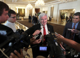 Newt Gingrich speaks to reporters as he arrives for a fundraiser for presumptive Republican presidential candidate Mitt Romney May 29 in Las Vegas. (AP Photo/Mary Altaffer)