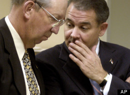 Indicted North Carolina State Rep. Stephen LaRoque, right, talks with another lawmaker in 2005.