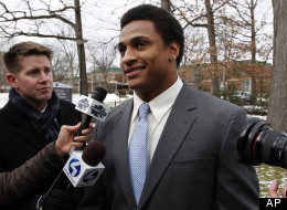 Penn State linebacker Khairi Fortt, right, talks after the viewing for former Penn State football coach Joe Paterno at the Pasquerilla Spiritual Center on the Penn State campus, Tuesday, Jan. 24, 2012 in State College, Pa. (AP Photo/Alex Brandon)
