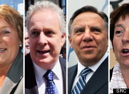 Pauline Marois (PQ), Jean Charest (PLQ), François Legault (CAQ), Françoise David (QS). Un débat des chefs à quatre aura lieu le 19 août prochain.