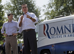 In this Aug. 12, 2012 file photo, Republican Presidential candidate, former Massachusetts Gov. Mitt Romney, and his vice presidential running mate Rep. Paul Ryan (R-Wis.), left, campaign in Mooresville, N.C. (Mary Altaffer / AP)