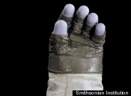 Neil Armstrong's space suit gloves and visor worn during his historic first walk on the moon are on temporary display at the National Air and Space Museum's Udvar-Hazy Center in northern Virginia.