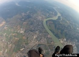 Lucas Damm wanted to film this skydive, but the camera on his helmet fell down and plummeted to the ground. Amazingly, it still works.