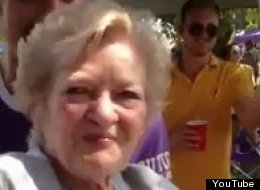 An 83-year-old woman does a keg stand during an LSU tailgate party.