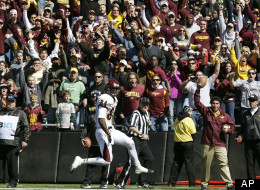 Central Michigan wide receiver Titus Davis catches a 13-yard touchdown pass during the second half of an NCAA college football game against Iowa, Saturday, Sept. 22, 2012, in Iowa City, Iowa. Central Michigan won 32-31.
