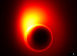 This image, created using computer models, shows how the extreme gravity of the black hole in M87 distorts the appearance of the jet near the event horizon.