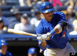Toronto Blue Jays' Yunel Escobar (5) hits a two run-home run in the sixth inning against the New York Yankees in a baseball game, Wednesday, Aug. 29, 2012 at Yankee Stadium in New York. (AP Photo/Rich Schultz)