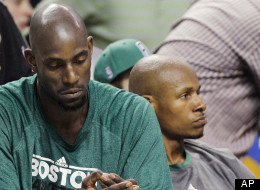 Boston Celtics' Kevin Garnett, left, and Ray Allen sit on the bench near the end of the fourth quarter in Game 6 of the NBA basketball Eastern Conference finals against the Miami Heat, Thursday, June 7, 2012, in Boston. Miami won 98-79. (AP Photo/Elise Amendola)