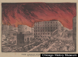 The Race for life over Randolph Street Bridge during the Great Chicago Fire of 1871. (Kellogg & Bulkeley. Lithograph, c. 1872.)