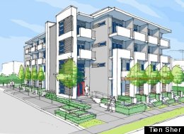 This is a drawing of plans to build a four-storey building with 56-micro-condo units in Surrey, B.C. (Tien Sher)