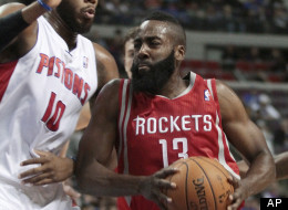 Houston Rockets guard James Harden (13) drives to the basket against Detroit Pistons center Greg Monroe (10) duringg the first half of an NBA basketball game Wednesday, Oct. 31, 2012, in Detroit.