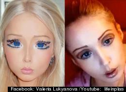 Valeria Lukyanova in a photo posted on Facebook (left) and in a video uploaded to YouTube