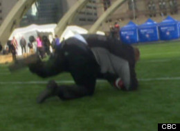 Rob Ford, Toronto’s football-loving mayor, made an on-camera fall at a press event on Tuesday that has gone viral on websites around the world. (CBC)