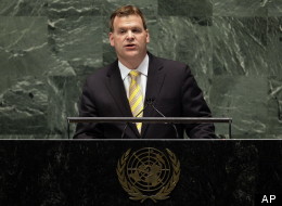 Canada's UN Ambassador John Baird addresses the United Nations General Assembly, Thursday, Nov. 29, 2012. (AP Photo/Richard Drew)